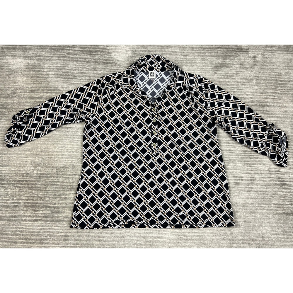 Anne Klein Top Women XL Black Geometric Diamond 3/4 Roll Tab Sleeve Blouse
